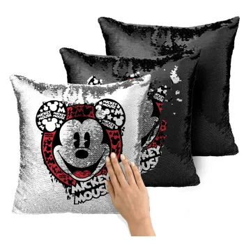 Mickey Mouse, Μαξιλάρι καναπέ Μαγικό Μαύρο με πούλιες 40x40cm περιέχεται το γέμισμα