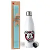 Easter Set, metallic stainless steel water bottle (750ml) & aromatic flat Easter candle (30cm) (TURQUOISE)