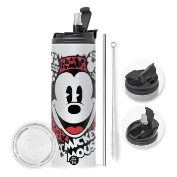 Mickey Mouse, Travel Tumbler θερμό με διπλό καπάκι, μεταλλικό καλαμάκι και βούρτσα καθαρισμού (Ανωξείδωτο 304 Food grade, BPA free, 600ml)