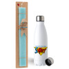 Easter Set, metallic stainless steel water bottle (750ml) & aromatic flat Easter candle (30cm) (TURQUOISE)