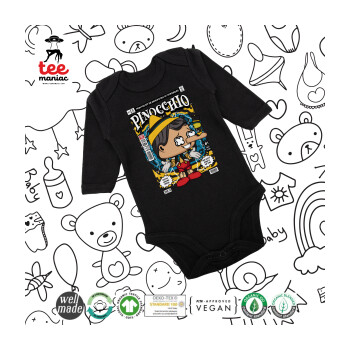 Pinocchio, Μακρυμάνικο βρεφικό φορμάκι, 0-18 μηνών, ΜΑΥΡΟ, 100% Organic Cotton