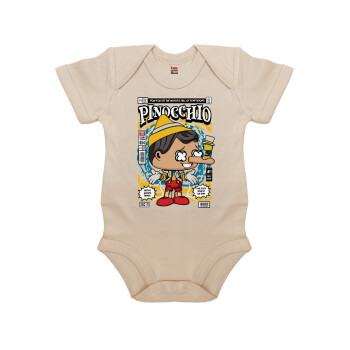 Pinocchio, Βρεφικό φορμάκι μωρού, 0-18 μηνών, Natural (Εκρού), 100% Organic Cotton, κοντομάνικο