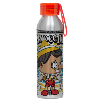 Pinocchio, Αλουμινένιο Αθλητικό Μπουκάλι 650ml – Ασημί με Κόκκινο Καπάκι και Λουράκι Σιλικόνης