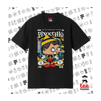 Pinocchio, Κλασικό T-Shirt, διπλής ραφής, χωρίς πλευρικές ραφές ΜΑΥΡΟ από 100% βαμβάκι. Vegan & OEKO-TEX πιστοποιημένο.