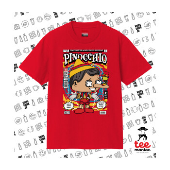 Pinocchio, Κλασικό T-Shirt, διπλής ραφής, χωρίς πλευρικές ραφές ΚΟΚΚΙΝΟ από 100% βαμβάκι. Vegan & OEKO-TEX πιστοποιημένο.