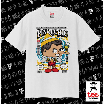 Pinocchio, Κλασικό T-Shirt, διπλής ραφής, χωρίς πλευρικές ραφές ΛΕΥΚΟ από 100% βαμβάκι. Vegan & OEKO-TEX πιστοποιημένο.