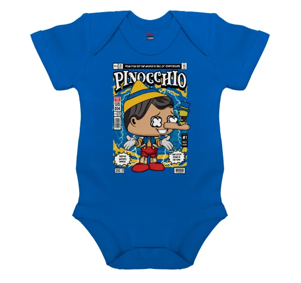 Pinocchio — Βρεφικό φορμάκι μωρού, Μπλε Κοβαλτίου, 100% Organic Cotton, κοντομάνικο