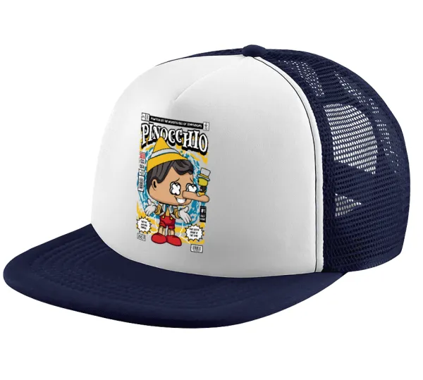Pinocchio — Adult Soft Trucker Hat with Dark Blue/White Mesh (POLYESTER, ADULT, UNISEX, ONE SIZE)