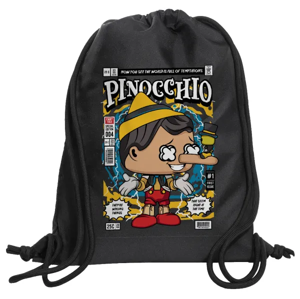 Pinocchio — Τσάντα πλάτης πουγκί GYMBAG Μαύρη, με τσέπη (40x48cm) & χονδρά κορδόνια