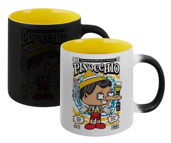 Pinocchio — Κούπα Μαγική εσωτερικό κίτρινη, κεραμική 330ml που αλλάζει χρώμα με το ζεστό ρόφημα