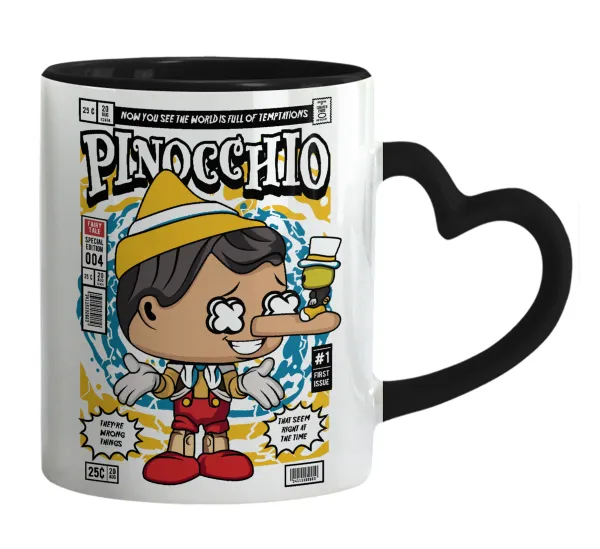 Pinocchio — Mug heart black handle, ceramic, 330ml