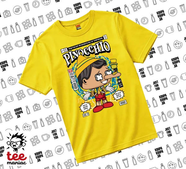 Pinocchio — Κίτρινο Άνετο παιδικό T-Shirt από 100% βαμβάκι, για κάθε μέρα. Vegan & OEKO-TEX πιστοποιημένο.