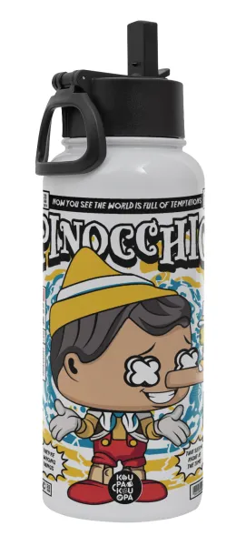 Pinocchio — Μεταλλικό παγούρι θερμός Λευκό με καλαμάκι και χερούλι (Stainless steel), διπλού τοιχώματος, 950ml