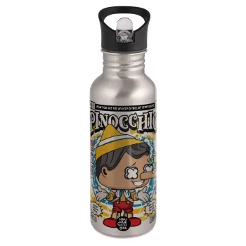 Pinocchio, Water bottle Silver with straw, stainless steel 600ml