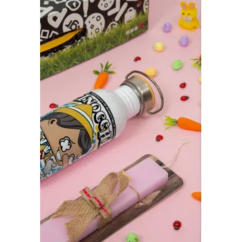 Pinocchio, Πασχαλινή Λαμπάδα με παγούρι μεταλλικό (620ml, stainless steel) & κερί αρωματικό πλακέ (30cm) (ΡΟΖ)