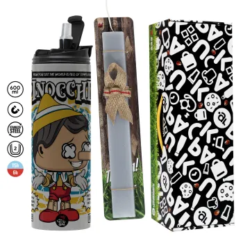 Pinocchio, Easter candle with Grey Tumbler Thermo 600ml & aromatic flat candle (30cm) (GREY)