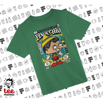 Pinocchio, Άνετο παιδικό T-Shirt ΠΡΑΣΙΝΟ από 100% βαμβάκι, για κάθε μέρα. Vegan & OEKO-TEX πιστοποιημένο.