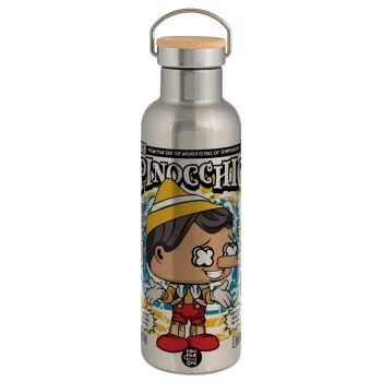 Pinocchio, Stainless steel Silver with wooden lid (bamboo), double wall, 750ml