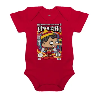Pinocchio, Βρεφικό φορμάκι μωρού, ΚΟΚΚΙΝΟ, 100% Organic Cotton, κοντομάνικο