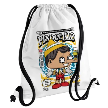 Pinocchio, Τσάντα πλάτης πουγκί GYMBAG λευκή, με τσέπη (40x48cm) & χονδρά κορδόνια