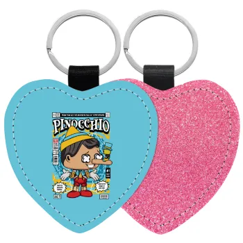 Pinocchio, Μπρελόκ PU δερμάτινο glitter καρδιά ΡΟΖ