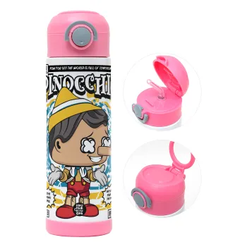 Pinocchio, Children's hot water bottle, stainless steel, with safety straw, PINK (500ml)