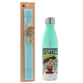 Pinocchio, Easter Set, Metallic green/white thermos (Stainless steel), double-walled, 500ml & scented flat Easter candle (30cm) (TURQUOISE)