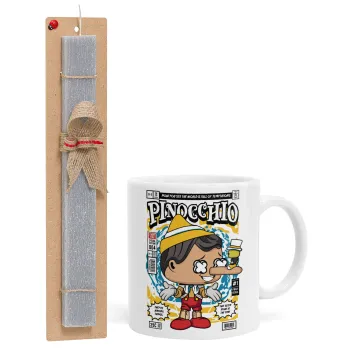 Pinocchio, Πασχαλινή Λαμπάδα με Κούπα κεραμική (330ml) & κερί αρωματικό πλακέ (30cm) (ΓΚΡΙ)