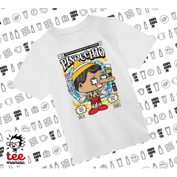 Pinocchio, Άνετο παιδικό T-Shirt ΛΕΥΚΟ από 100% βαμβάκι, για κάθε μέρα. Vegan & OEKO-TEX πιστοποιημένο.