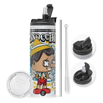 Pinocchio, Travel Tumbler θερμό με διπλό καπάκι, μεταλλικό καλαμάκι και βούρτσα καθαρισμού (Ανωξείδωτο 304 Food grade, BPA free, 600ml)
