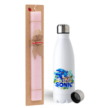 Sonic, Easter Set, metallic stainless steel water bottle (750ml) & scented flat Easter candle (30cm) (PINK)