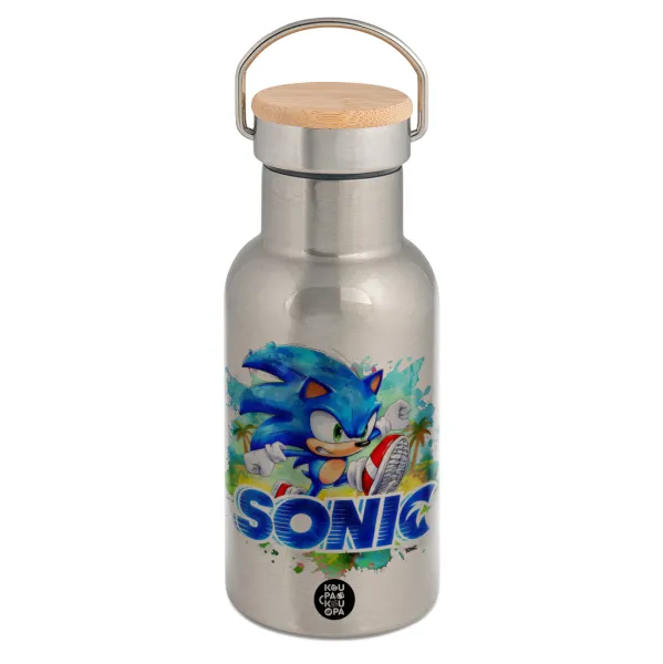Sonic — Stainless steel metallic thermos flask, silver with a bamboo lid, double-walled, 350ml.