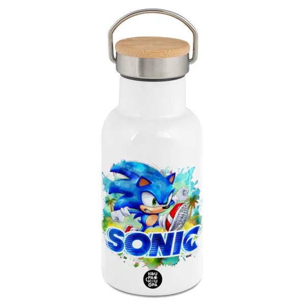 Sonic — Metallic thermos (Stainless steel) White with wooden lid (bamboo), double-walled, 350ml