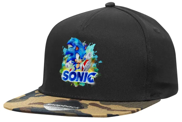 Sonic — Adult Flat Snapback Hat Black/Camouflage, (100% COTTON TWILL, ADULT, UNISEX, ONE SIZE)