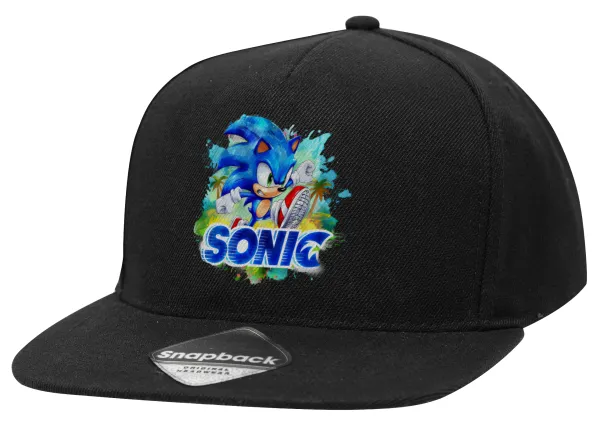Sonic — Adult Flat Snapback Hat Black, (100% COTTON TWILL, ADULT, UNISEX, ONE SIZE)