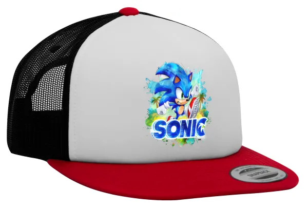 Sonic — Adult Foam Flat Snapback with Mesh Red-White-Black (POLYESTER, ADULT, UNISEX, ONE SIZE)