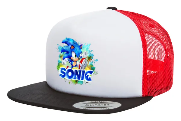 Sonic — Adult Foam Flat Snapback with Mesh Black-White-Red (POLYESTER, ADULT, UNISEX, ONE SIZE)