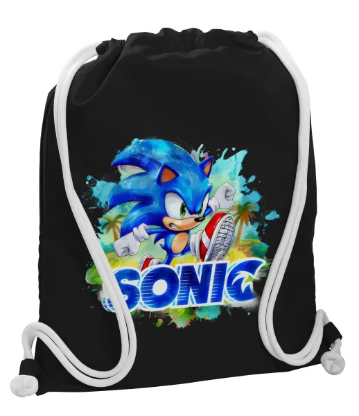 Sonic — Backpack pouch GYMBAG Black, with pocket (40x48cm) & thick white cords