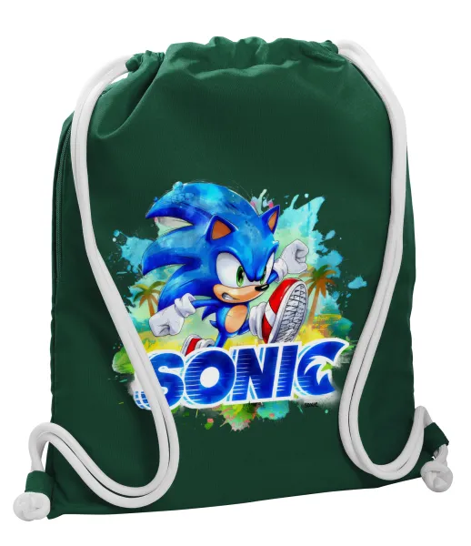 Sonic — Backpack pouch GYMBAG BOTTLE GREEN, with pocket (40x48cm) & thick white cords
