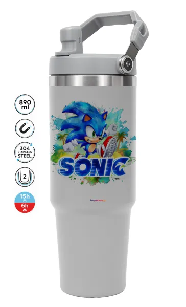Σόνικ ο Σκαντζόχοιρος — ΓΚΡΙ Travel Tumbler Θερμός με χερούλι και καλαμάκι 890ml