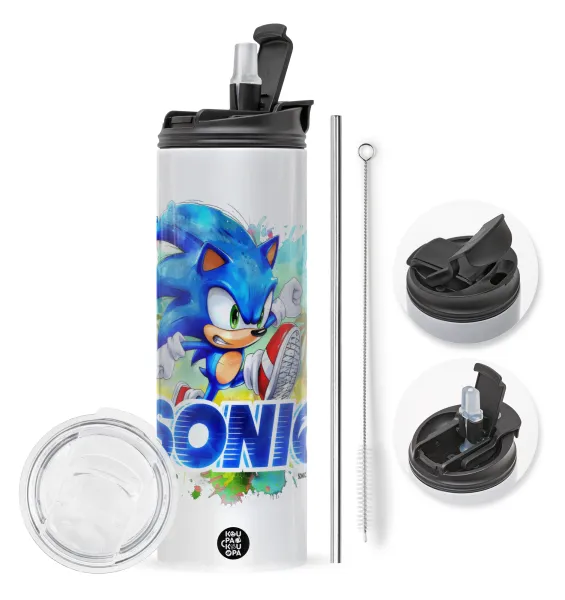 Sonic — Travel Tumbler 2 Lids, with metal straw & cleaning brush (Stainless steel 304 Food grade, BPA free, 600ml)