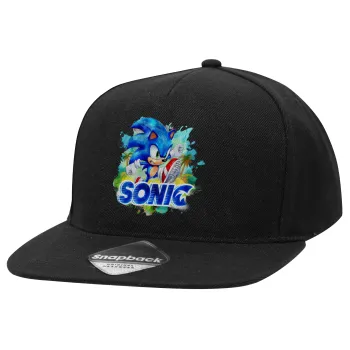 Sonic, Adult Flat Snapback Hat Black, (100% COTTON TWILL, ADULT, UNISEX, ONE SIZE)