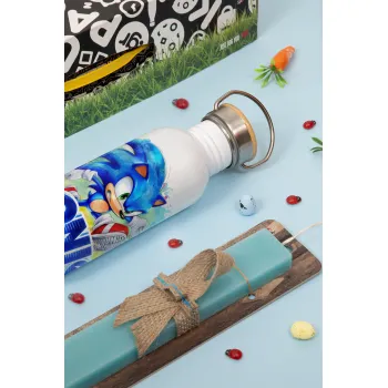 Sonic, Easter Set, metallic silver aluminum water bottle (500ml) & scented flat Easter candle (30cm) (TURQUOISE)