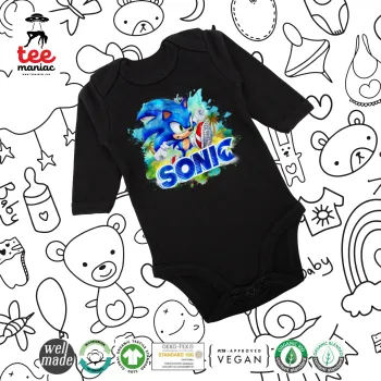 Σόνικ ο Σκαντζόχοιρος, Μακρυμάνικο βρεφικό φορμάκι, 0-18 μηνών, ΜΑΥΡΟ, 100% Organic Cotton