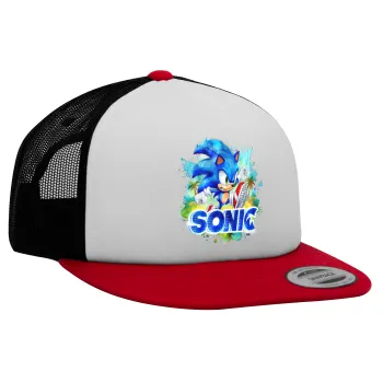Sonic, Adult Foam Flat Snapback with Mesh Red-White-Black (POLYESTER, ADULT, UNISEX, ONE SIZE)