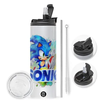 Σόνικ ο Σκαντζόχοιρος, Travel Tumbler θερμό με διπλό καπάκι, μεταλλικό καλαμάκι και βούρτσα καθαρισμού (Ανωξείδωτο 304 Food grade, BPA free, 600ml)