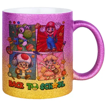 Back to the School Mario & Friends, Κούπα Χρυσή/Ροζ Glitter, κεραμική, 330ml