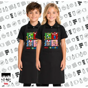 Back to the School Mario & Friends, Μαύρη ΠΑΙΔΙΚΗ Ποδιά μακριά Σεφ ολόσωμη με τσέπες