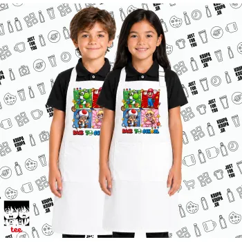 Back to the School Mario & Friends, Λευκή ΠΑΙΔΙΚΗ Ποδιά μακριά Σεφ ολόσωμη με τσέπες