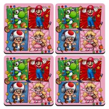 Back to the School Mario & Friends, ΣΕΤ 4 Σουβέρ ξύλινα τετράγωνα (9cm)